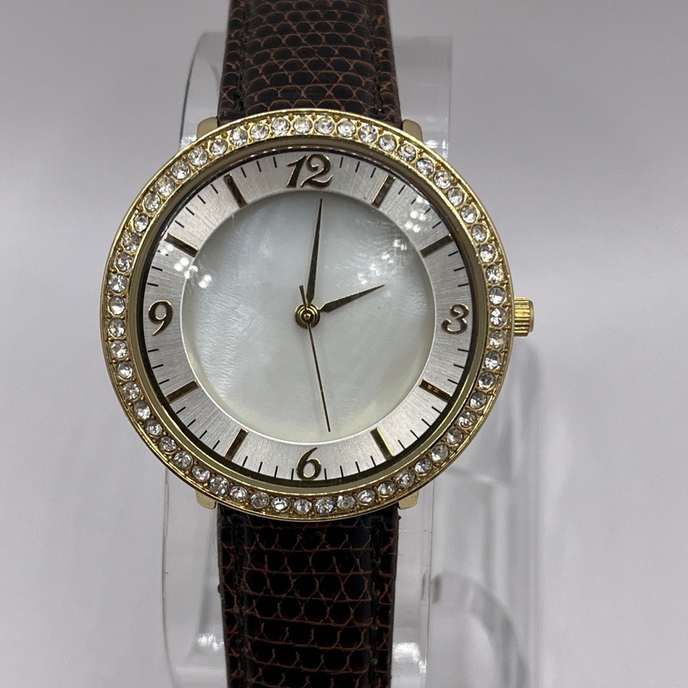 Women's Rhinestone Bezel Quartz Watch MOP 36mm Dial Leather Strap- New Battery